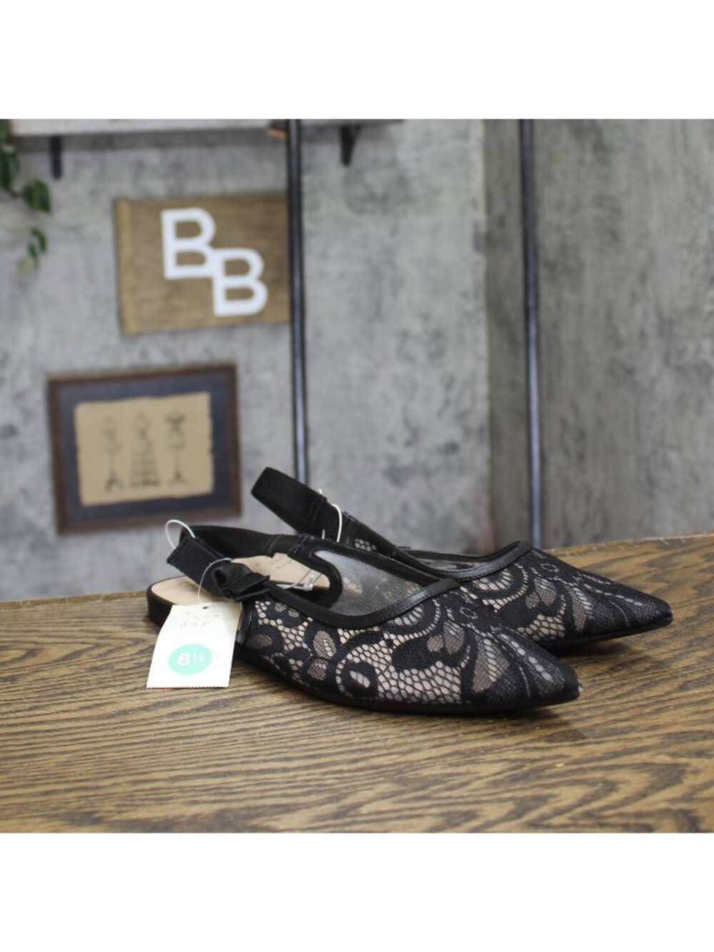 A New Day London Lace Slingback Bow Flats 94303526 Black 8.5M